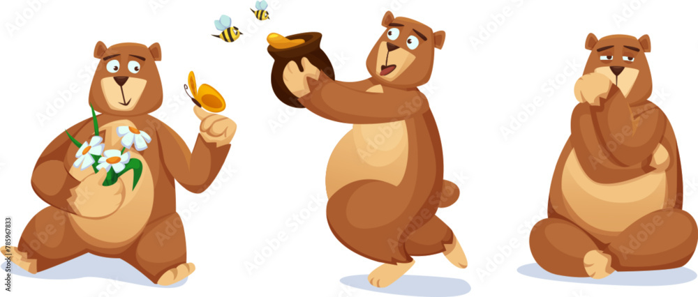 Naklejka premium Cute big bear with brown fluffy fur in different poses. Cartoon vector character set of grizzly mascot standing with honey in pot and bees, sitting thoughtful, with daisy flowers bouquet and butterfly