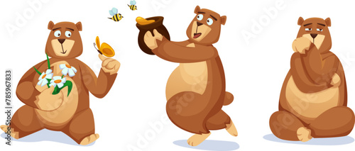 Cute big bear with brown fluffy fur in different poses. Cartoon vector character set of grizzly mascot standing with honey in pot and bees, sitting thoughtful, with daisy flowers bouquet and butterfly
