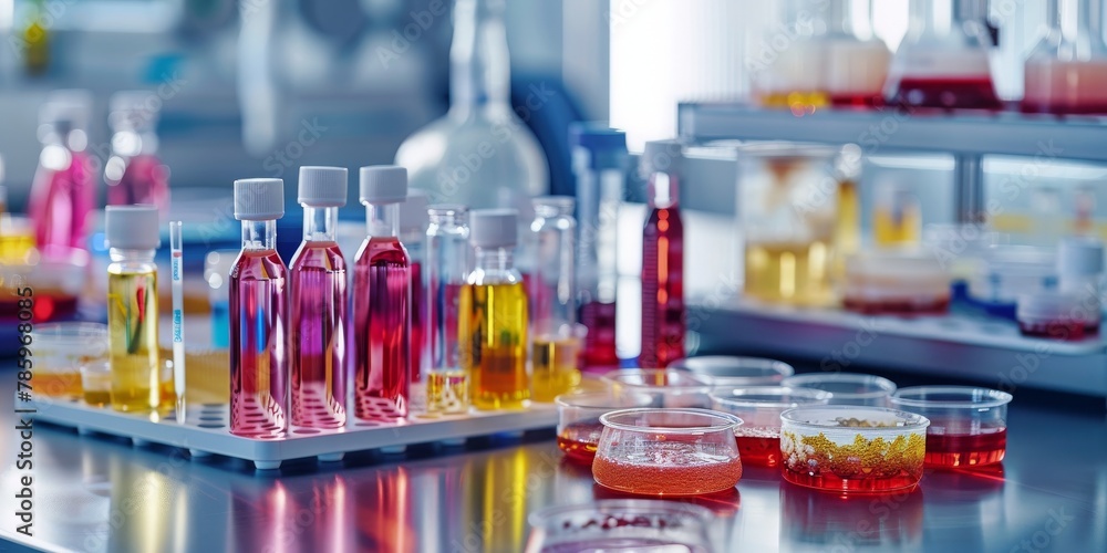 A lab table with many different colored bottles and beakers A lab table with many different colored bottles and beakers