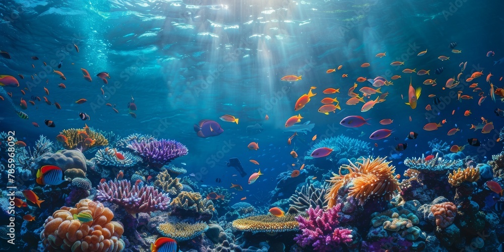 Naklejka premium A colorful coral reef with many fish swimming around