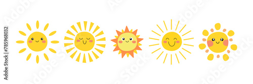 Colorful Summer Vector Happy Cute Sun Characters Seamless Border Pattern. Repeating Horizontal Banner with Cartoon Doodle Funny Kawaii Suns © irina
