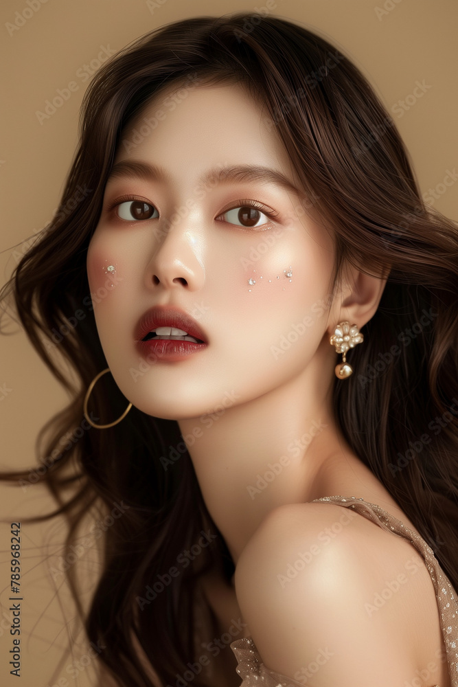 Fototapeta premium Pretty woman of Asian appearance makeup luxury charm beige background