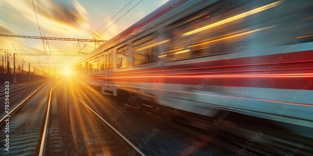 A train is speeding down the tracks with the sun shining on it A train is speeding down the tracks with the sun shining on it