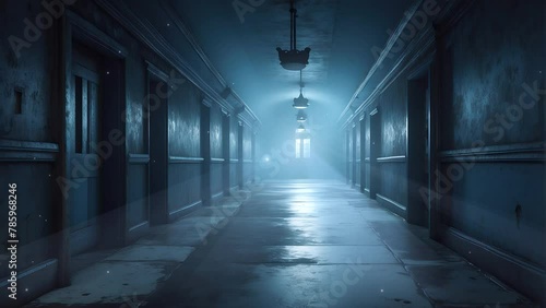 Immerse yourself in the chilling ambiance of a deserted prison cell corridor room at night, captured in this haunting 4K looping video, where solitude and darkness reign supreme photo