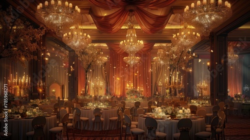 A festive banquet hall adorned with glittering chandeliers and draped in luxurious fabrics, with tables set for a grand celebration illuminated by the warm glow of candlelight