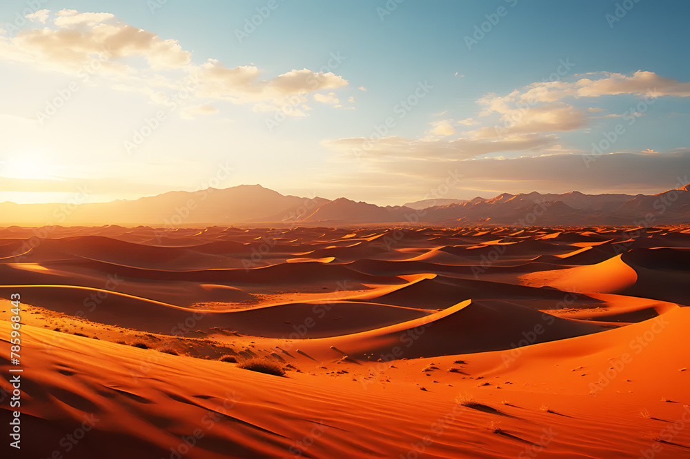 Desert hill under blue sky with golden sunlight like setting sun. Orange sand texture in Empty Quarter Desert Sand dunes. Abstract sand texture background. Realistic mountain clipart template pattern. Desert hill under blue sky with golden sunlight like setting sun. Orange sand texture in Empty Quarter Desert Sand dunes. Abstract sand texture background. Realistic mountain clipart template pattern.