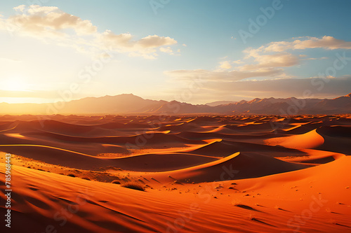 Desert hill under blue sky with golden sunlight like setting sun. Orange sand texture in Empty Quarter Desert Sand dunes. Abstract sand texture background. Realistic mountain clipart template pattern.
