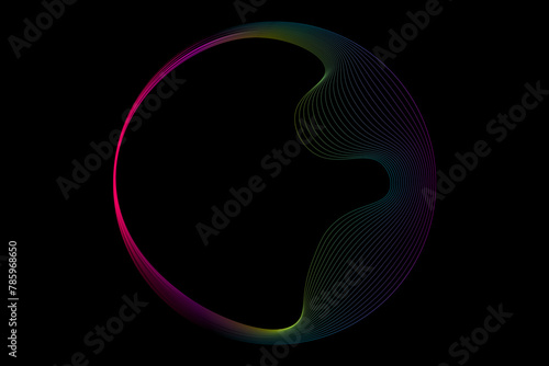 Vector abstract circles lines wavy in round frame colorful spectrum light isolated on black background with empty space for text in concept technology, digital, music, science.