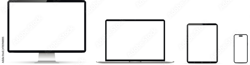 Cellphone, tablet, laptop and computer monitor with blank screen mockup - obrazy, fototapety, plakaty 
