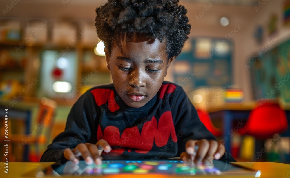 Young learner interacting with an educational game on a tablet, highlighting gamification as a strategy to motivate and educate.