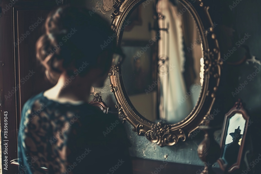 A young woman in a vintage interior design before the mirror