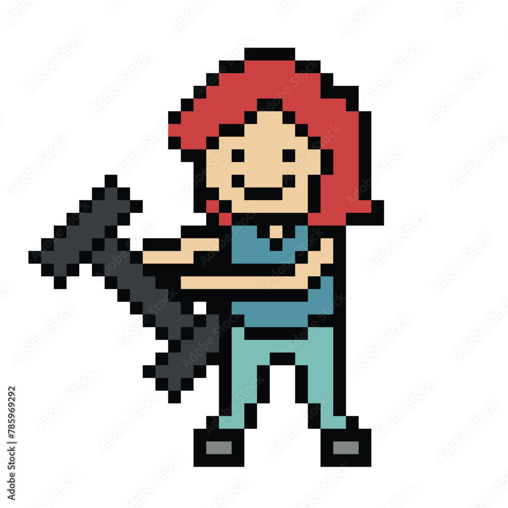 Fototapeta premium Cute pixel cartoon 8bit character woman weight training with dumbbell lifestyle vector for decoration life style 8 bit girl exercise gym fitness body building vector.