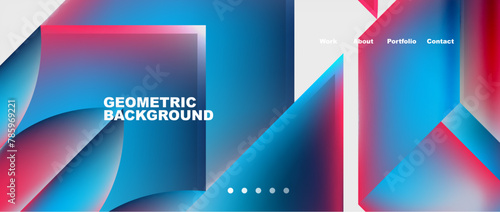 The facade features an electric blue and magenta geometric background with squares and triangles. The display device showcases a modern blend of technology with azure rectangles