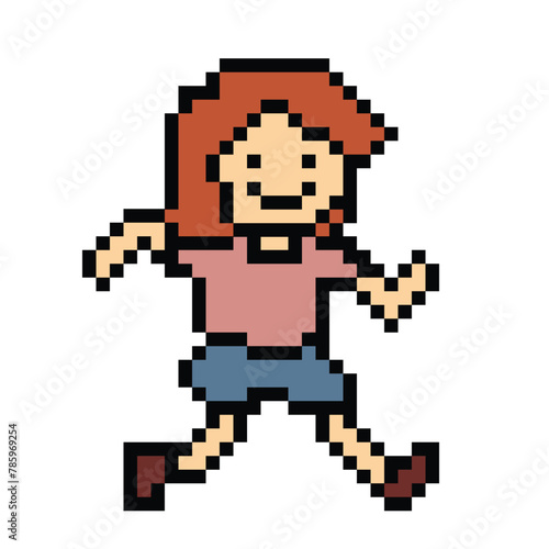 Cute pixel cartoon 8bit character woman run or running lifestyle vector for decoration life style 8 bit female girl marathon exercise fitness vector. © FirstFreedom
