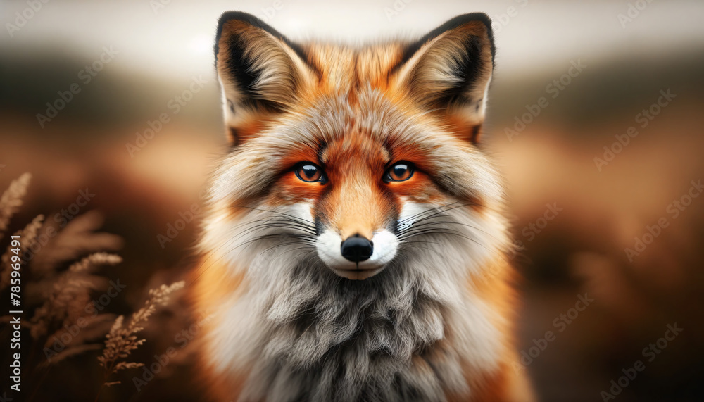 Fototapeta premium A majestic red fox. The fox is centered in the frame, looking directly at the viewer with piercing blue eyes