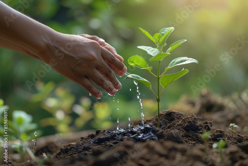 Watering young green plant in hand with nature background, Ecology concept