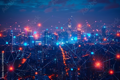 a smart city at night, with a network of interconnected data points and lines representing the Internet of Things.
