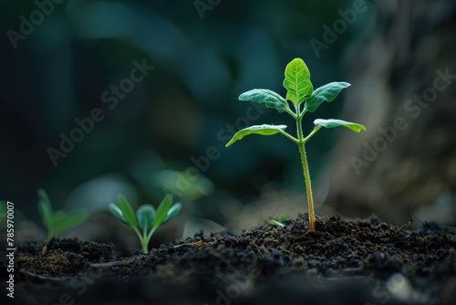 Green seedling growing from seed in the morning light