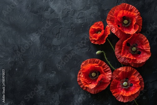 Symbolic red poppies  stylized flowers on black background for remembrance day and anzac day