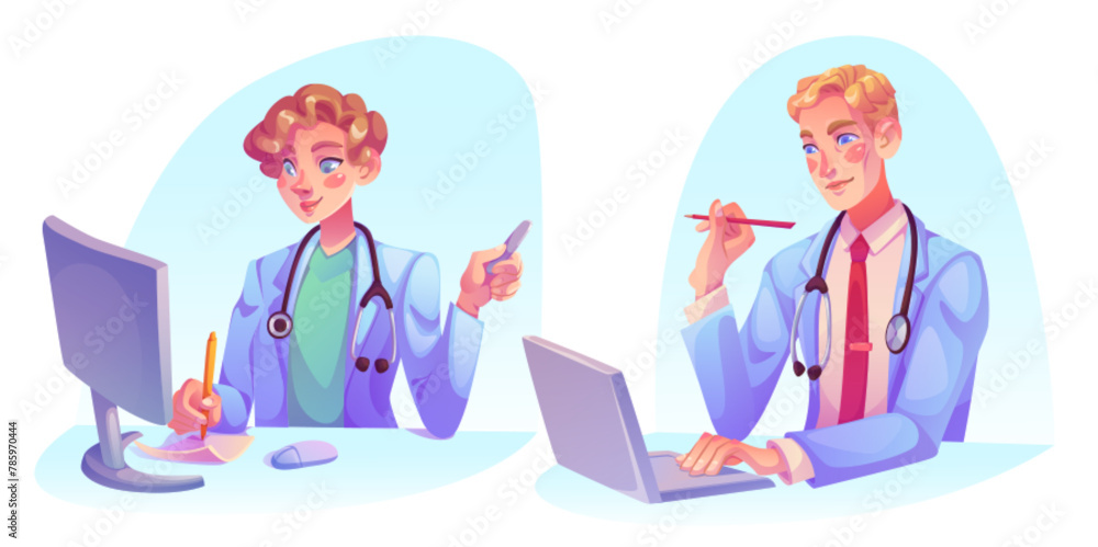 Doctor working at desk with computer. Cartoon vector illustration set of man and woman medical specialist in white clothes with stethoscope on neck sitting at table with laptop and pc monitor. - obrazy, fototapety, plakaty 