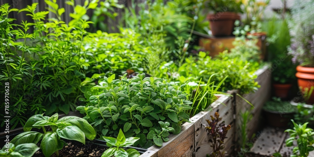 A garden with many plants and a few potted plants A garden with many plants and a few potted plants