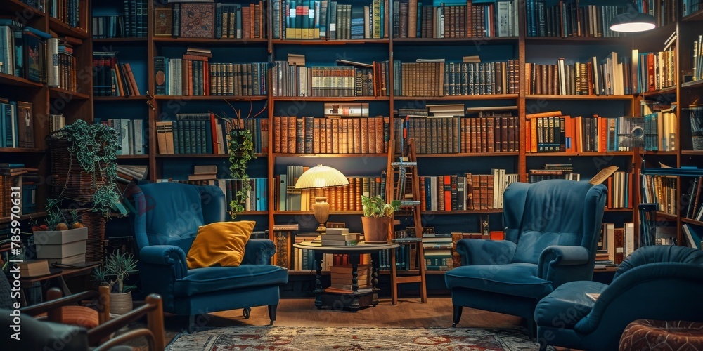 Obraz premium A library with two red chairs and a table