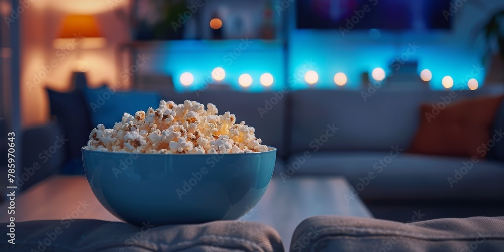 A bowl of popcorn is on a table in a living room A bowl of popcorn is on a table in a living room