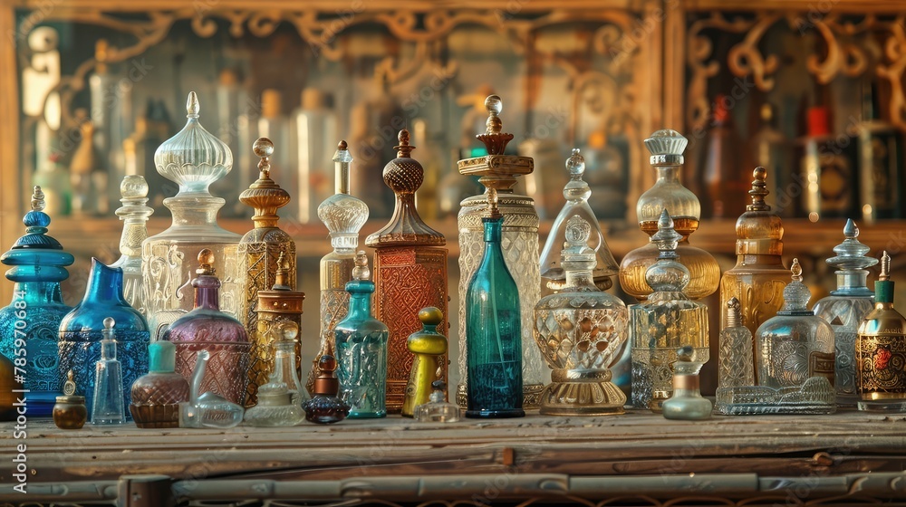 A diverse collection of antique glass perfume bottles, each with unique designs and colors, set against an intricately carved wooden backdrop.