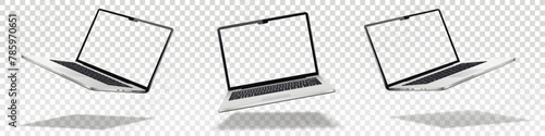 Flying laptop mock up with transparent screen isolated