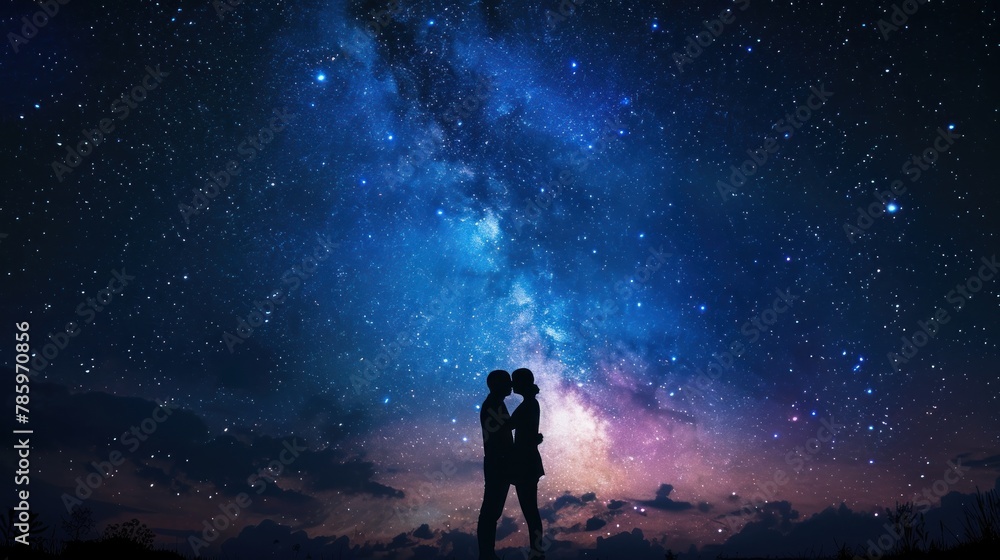 A couple sharing a romantic moment under a starry sky.