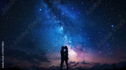 A couple sharing a romantic moment under a starry sky.
