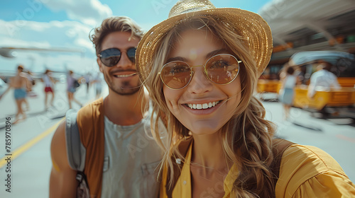 A young, cheerful couple snaps a selfie with smiling faces in front of a parked airplane and boarding passengers