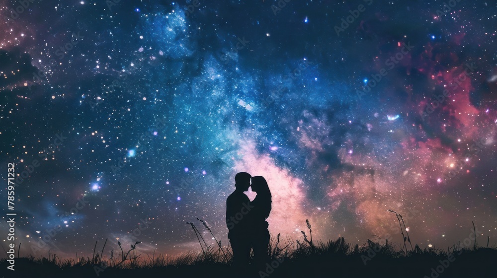 A couple sharing a romantic moment under a starry sky. 