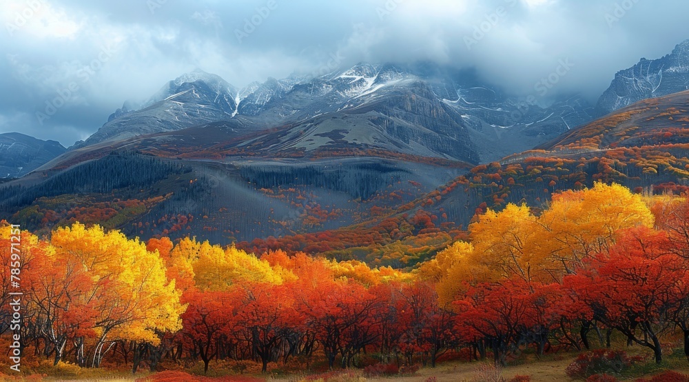 Autumn Tapestry: Mountains Framed by Fall Foliage