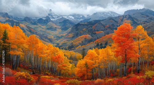 Autumn Majesty: Vibrant Aspens Against Mountain Range photo