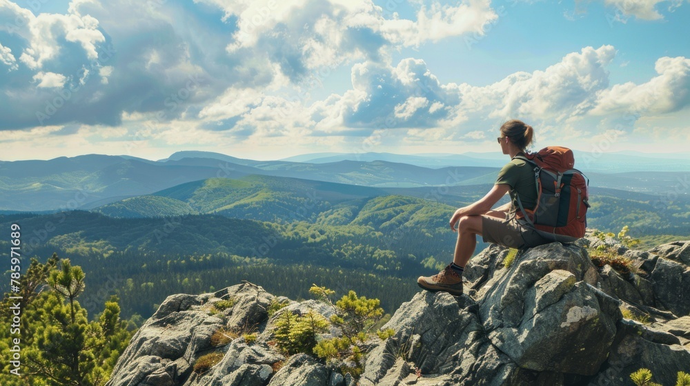 A hiker taking a break to enjoy the view from a rocky outcrop. 