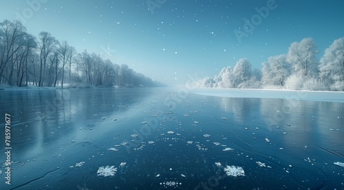 Winter's Whisper: Snowflakes on Frozen River