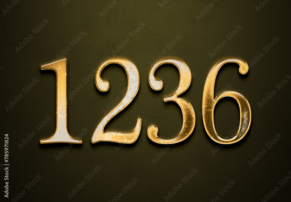 Old gold effect of 1236 number with 3D glossy style Mockup. Old gold effect of 1236 number with 3D glossy style Mockup.