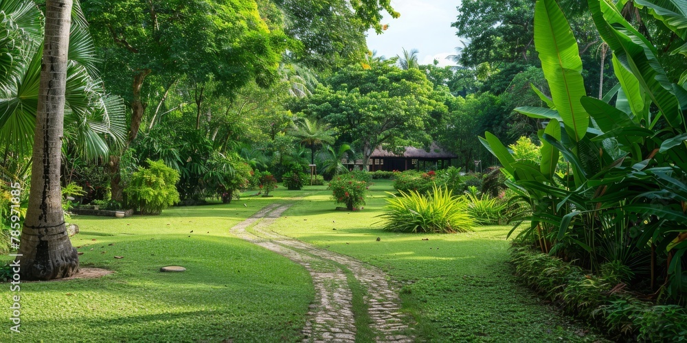 Naklejka premium A lush green lawn with a path leading through it