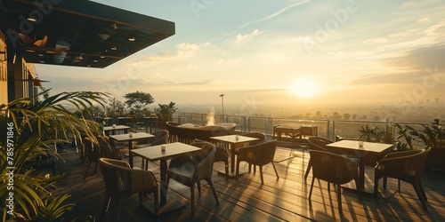 A restaurant patio with tables and chairs overlooking a city