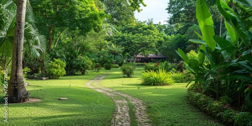 A lush green lawn with a path leading through it