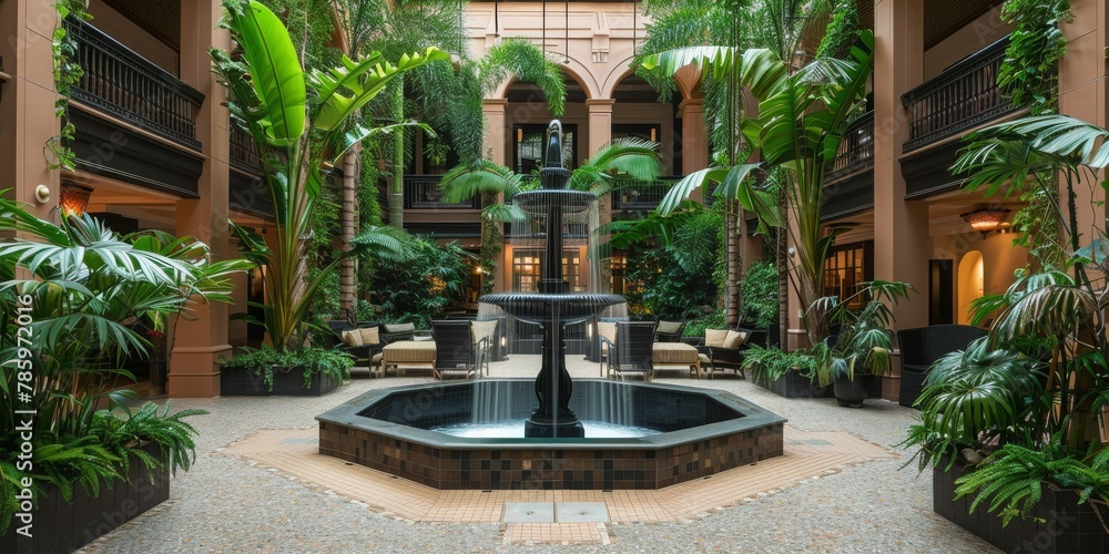A large courtyard with a fountain in the center