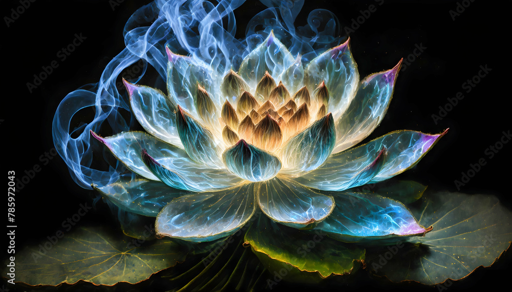 a lotus flower formed from wisps of smoke, evoking a sense of mystery and magic
