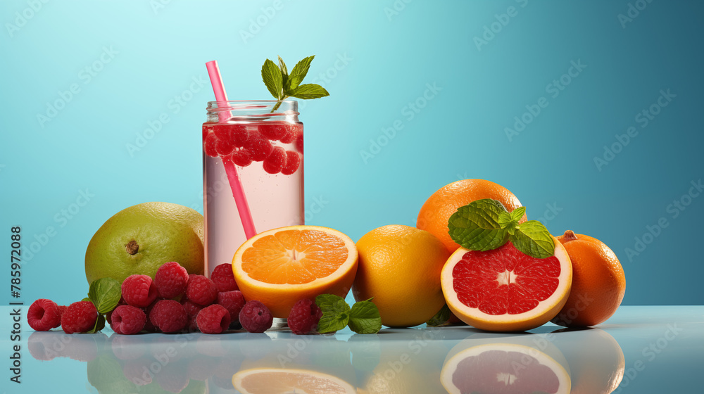 fruits and water bottles on a light blue background fruits and water bottles on a light blue background