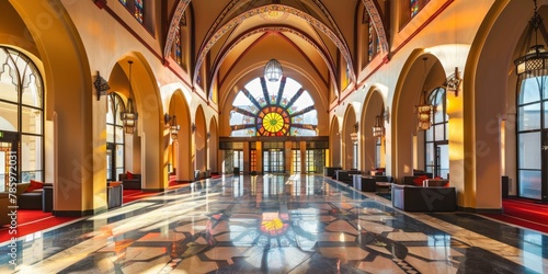 A large, open room with a stained glass window in the center
