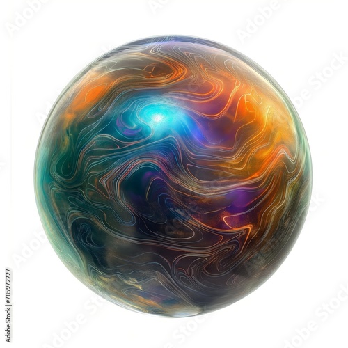 A vibrant, swirling sphere evoking a cosmic marble with abstract patterns.