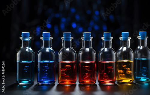 A row of colourful glass bottles sitting on top of a table