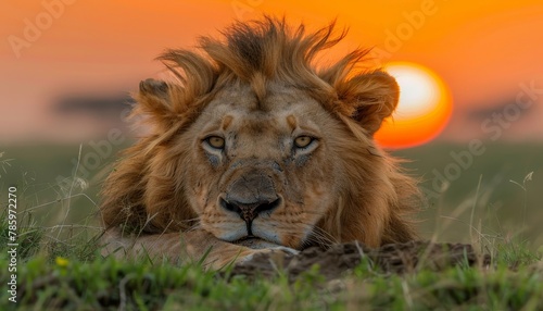 Majestic male lion in savannah at sunset  the king of the wild in its natural habitat