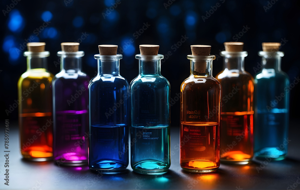 A row of colourful glass bottles sitting on top of a table A row of colourful glass bottles sitting on top of a table