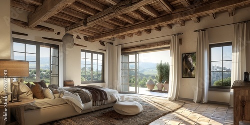 A large bedroom with a white bed and a white rug